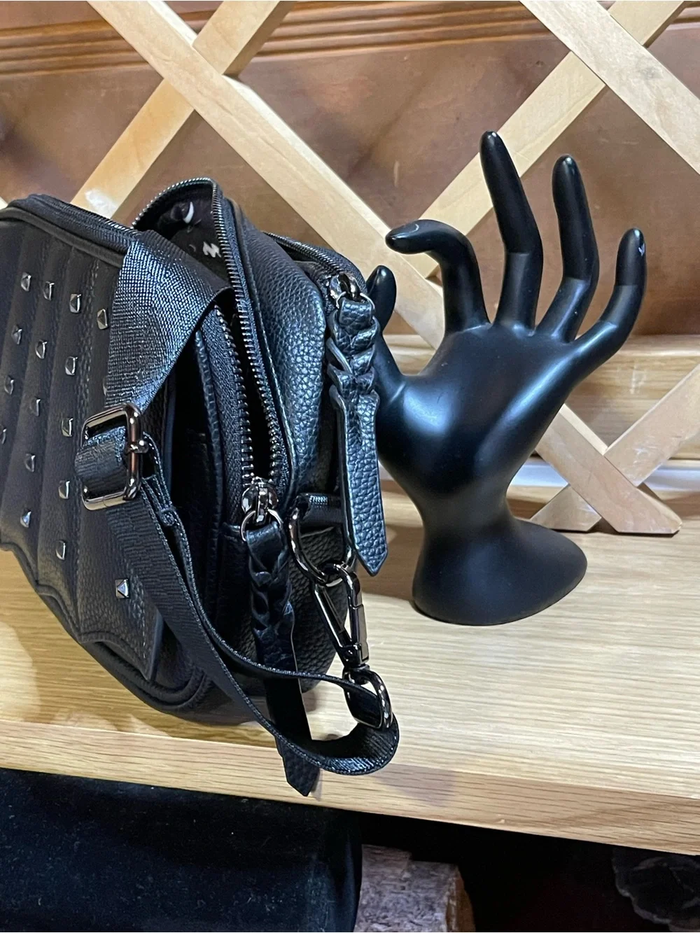 RadRev Edgy Crossbody in Black / Studded Batwing Scalloped Magnetic Flap